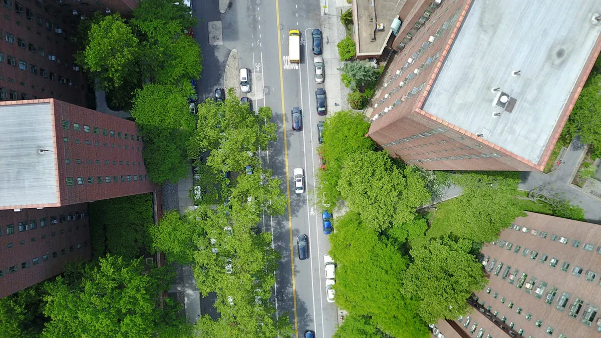 Senkrechte Drohnenaufnahme einer baumgesäumten Straße zwischen Backsteingebäuden, auf der ein gelber Schulbus fährt.