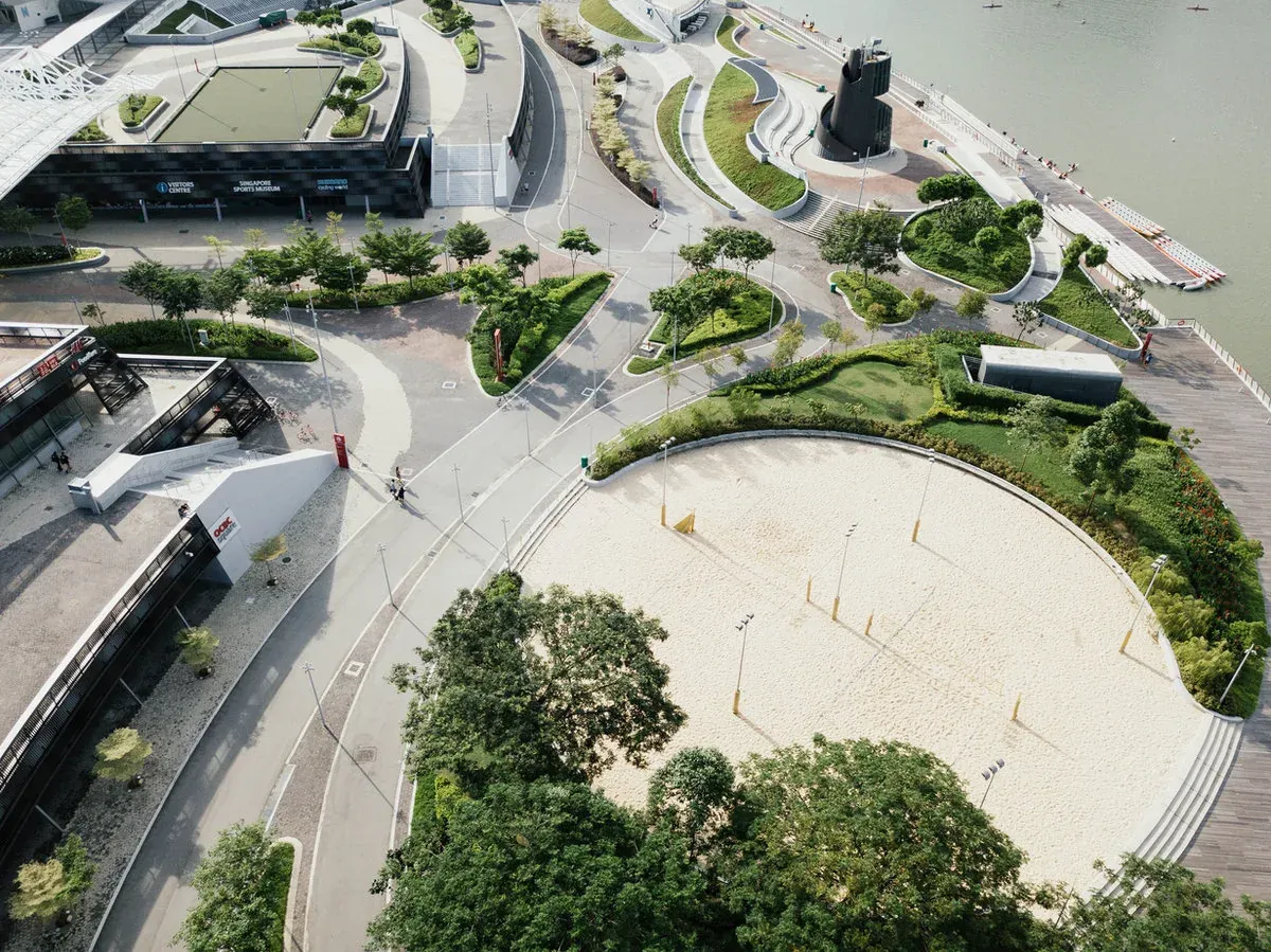Moderne Uferpromenade aus der Vogelperspektive mit rundem Sandplatz, Grünflächen und Stegen am Wasser.
