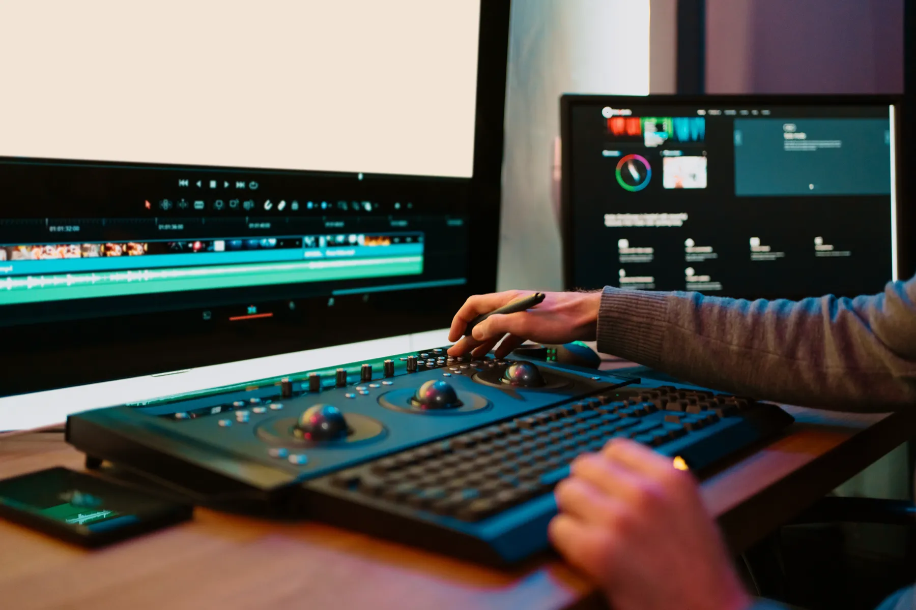 Videoschnitt-Arbeitsplatz mit Tastatur für die Postproduktion von KK-VISUALS.